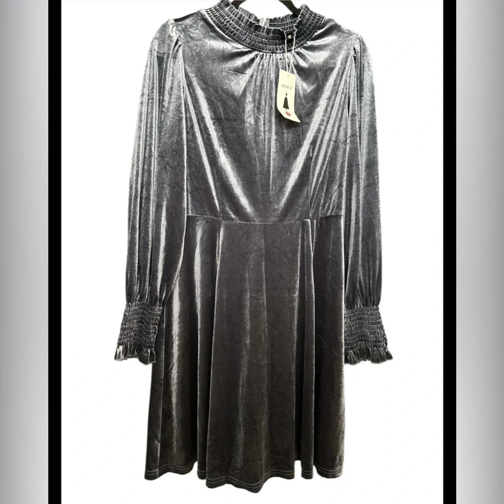ZESICA Women's Velvet Mini Dresses Spring Long Sleeve High Neck Elastic E24 - Picture 6 of 8